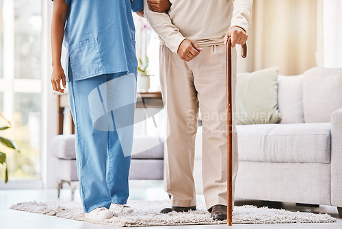 Image of Walking stick, nursing home and senior patient with medical help, support and therapy for disability, cancer and arthritis. Cane, elderly disabled man and caregiver for sick, osteoporosis and service