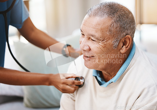 Image of Senior man, doctor and stethoscope in healthcare service, caregiver career or heart check in hospital, clinic or retirement home. Nursing, consulting and cardiology of elderly patient and black woman