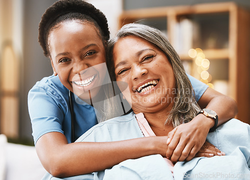 Image of Senior care, hug and portrait of nurse with patient for medical help, healthcare or physiotherapy. Charity, volunteer caregiver and face of black woman at nursing home for disability rehabilitation