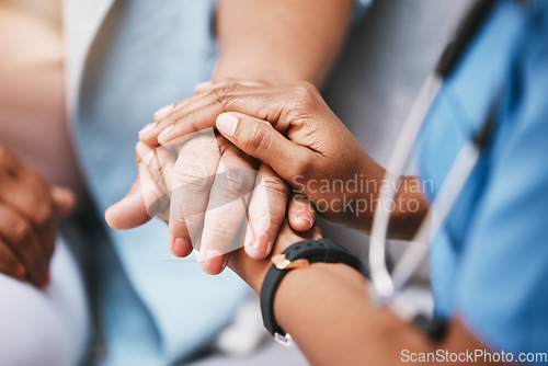 Image of Empathy, trust and nurse holding hands with patient for help, consulting support and healthcare advice. Kindness, counseling and medical therapy in nursing home for hope, consultation and psychology