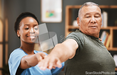 Image of Patient stretching, physiotherapist black woman and physical therapy help for muscle or arthritis exercise in consulting exam. Physiotherapy, chiropractor and healthcare rehabilitation support of man