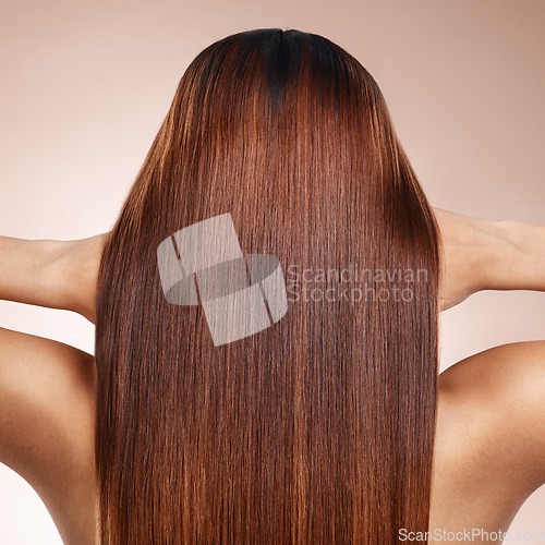 Image of Woman, back or brunette hairstyle on studio background in keratin treatment, self love grooming or dye marketing. Model, touching hand or brown hair color on pink backdrop for Brazilian salon results