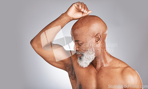 Image of Sweat, smell and hygiene with armpit of old man for deodorant, shower and beauty product. Luxury, self care and perfume with underarm of senior model for fragrance, cologne and antiperspirant