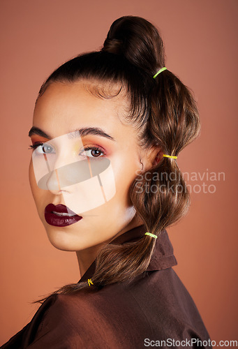 Image of Hair, beauty and hair care portrait with woman, makeup and cosmetics with lipstick and eye shadow against studio background. Microblading, lashes with long hair and healthy growth, glow and shine