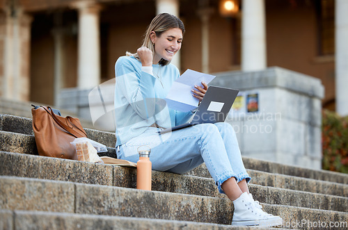 Image of Wow, success or excited college student with news, results or report feedback at university campus steps. Celebration, education or happy school girl reading exam paper marks or test score with pride