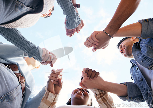 Image of Support, teamwork or students holding hands with goals, educational community or hope for future success. University, team building or happy friends in partnership or college with a mission or vision