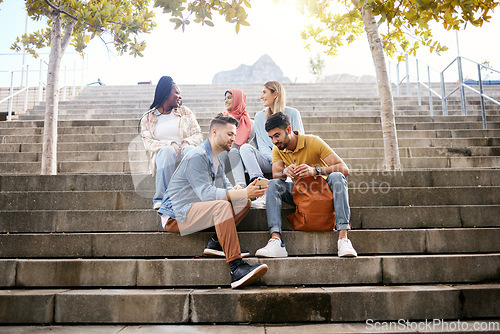 Image of Relax, phone or students on steps at lunch break talking or speaking of future goals or education on campus. Social media, school or happy friends in university or college bonding in fun conversation
