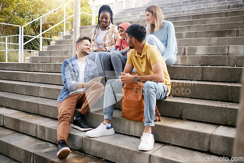 Image of Relax, friends or students on steps at lunch break talking or speaking of goals, education or future. Diversity, school or happy young people in university or college bonding in social conversation