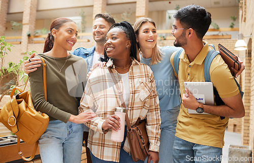 Image of Students, people and group of friends in university getting ready for learning. Scholarship, education and happy men and women together at school, campus or college bonding, talking or conversation.