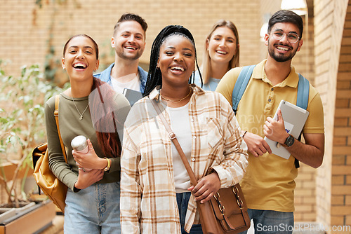 Image of University students, group and portrait of friends getting ready for learning. Scholarship, education or happy people standing together at school, campus or college bonding and preparing for studying