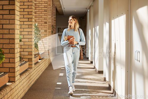 Image of Education, scholarship and woman at college for learning, knowledge and studying for future on campus. University, happy and student with idea for higher education at an academy thinking with a smile