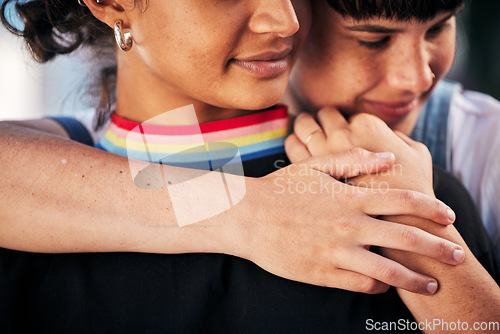 Image of Love, hug and gay couple with support, relationship peace and calm together in Brazil. Freedom, calm and lgbtq women with affection, pride and friends free in lesbian identity in the city together