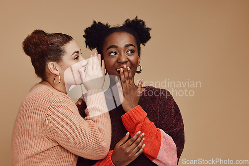 Image of Friends, gossip and women share secret on studio background and product placement mockup. Secrets, rumor and surprise whisper in ear, black woman with happy woman discuss discount sale announcement