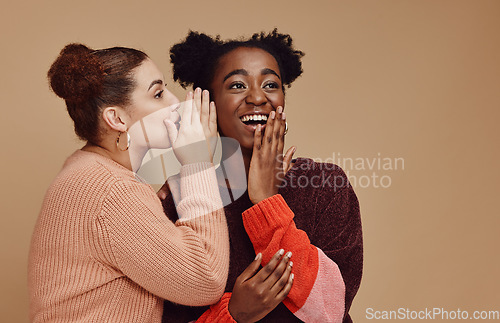 Image of Friends, gossip and black woman laughing at secret on studio background and product placement mockup. Secrets, rumor and surprise whisper in ear, happy women smile discuss discount sale announcement