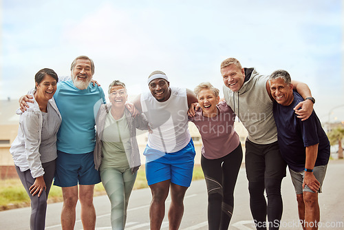 Image of Fitness, portrait and group of friends in city ready for training, workout or exercise. Face, sports and teamwork of senior people together with coach outdoors preparing for exercising, jog or cardio