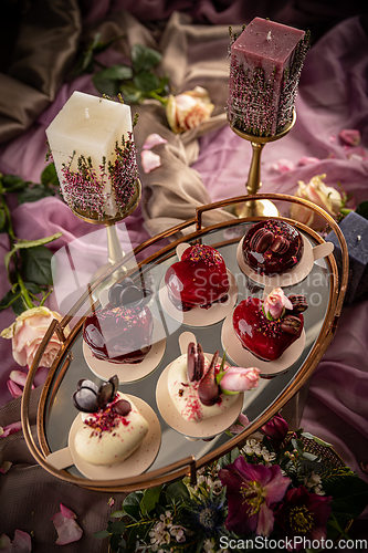 Image of Still life of heart shaped mini cakes