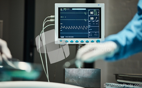 Image of Electrocardiogram monitor, hands of doctors with scalpel for surgery, healthcare or medical support. Zoom, screen or nurse hand in theater for trust, insurance or surgeon in hospital operation room