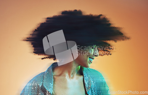 Image of Black woman with hair blur, disco and dance with glitter fashion, movement with afro against studio background. Natural curly hair, dancing at party with happiness and fun, energy and retro mockup