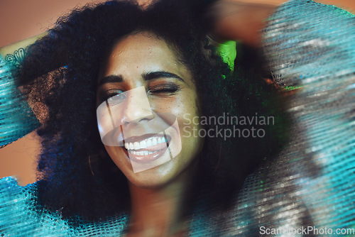 Image of Hair, beauty and portrait of black woman wink with afro in studio for hair care, beauty products and wellness. Creative art, hair salon and happy female with motion for cosmetics, fashion and makeup