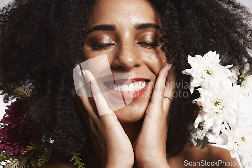Image of Self love, beauty and makeup on face of black woman with skincare satisfaction and glowing texture. Aesthetic, happy and wellness of confident cosmetics model with beautiful smile in white studio.
