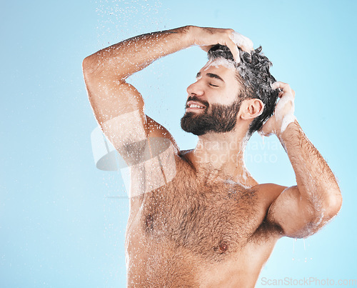 Image of Hair, shampoo and cleaning with a man in studio on a blue background to take a shower for hygiene. Water, skin and relax with a male washing for haircare or keratin treatment in the bathroom