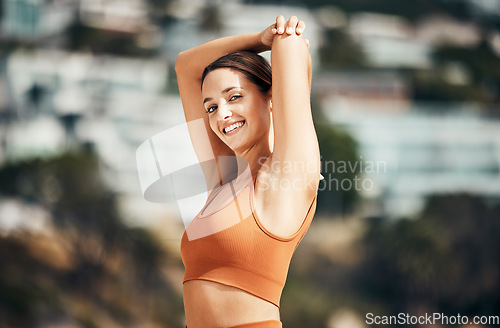 Image of Fitness, stretching and portrait of woman in city for healthy lifestyle, wellness and exercise in nature. Sports, workout and happy girl stretch arms outdoors for cardio, yoga training and pilates