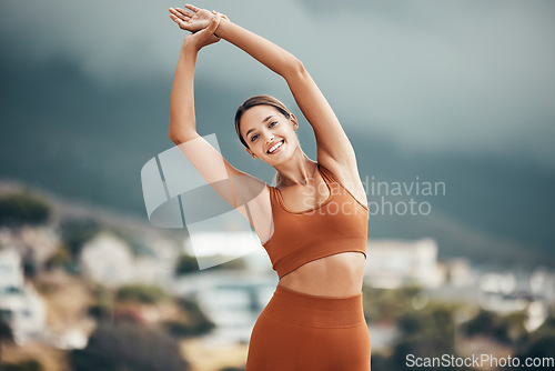 Image of Fitness, stretching and portrait of woman in city for healthy lifestyle, wellness and exercise in nature. Sports, workout and happy girl stretch arms outdoors for cardio, yoga training and pilates