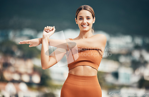 Image of Fitness, stretching and portrait of woman in city for healthy lifestyle, wellness and exercise in nature. Sports, workout and happy girl stretch arms outdoors for cardio, yoga training and pilates