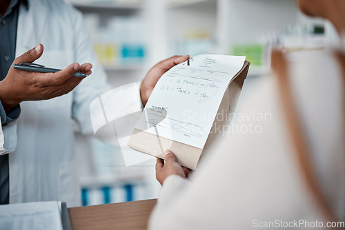 Image of Healthcare, pharmacist hands with medicine for woman at counter buying prescription drugs at drug store. Health, wellness and medical insurance, man and customer at pharmacy for advice and pills.