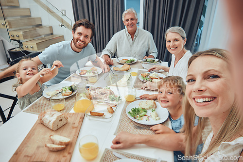 Image of Family, selfie and dinner with generations and food, parents with grandparents and children smile for picture with quality time together. Photo, big family and happiness with nutrition and meal.