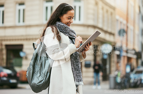 Image of Marketing woman, travel digital writing and tablet blog of journalist working on street for city story. Social media, happy and young urban reporter outdoor from Spain email about creative job vision