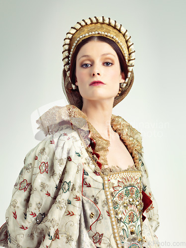 Image of Renaissance, royalty and portrait of Victorian queen for luxury, history or vintage in England. Medieval, fantasy and beauty with face of woman in regal dress costume for leader, fashion and elegant