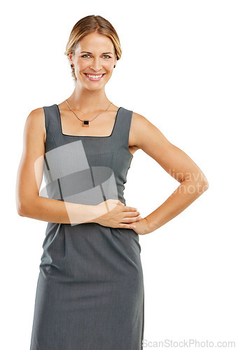 Image of Fashion, stylish and portrait of a woman in clothes isolated on a white background in studio. Style, happy and clothing model in an elegant dress, confidence and happiness on a studio background