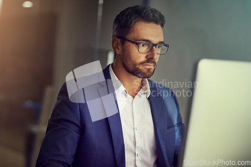 Image of Office laptop, reading and business man doing feedback review of financial portfolio, stock market or investment. Online economy research, bitcoin mining and trader trading nft, forex or crypto