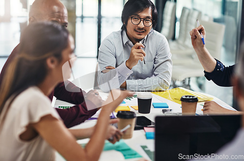 Image of Meeting, discussion and business people in the office boardroom planning a company project. Teamwork, collaboration and corporate team working on a company report together in the modern workplace.