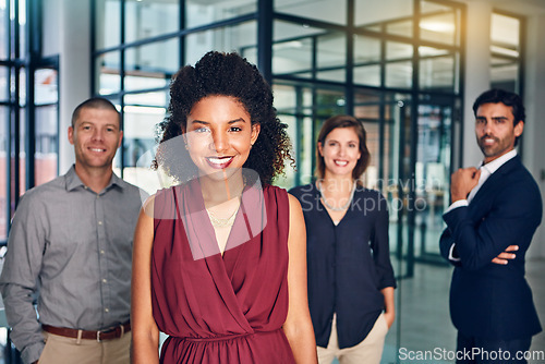 Image of Business people, smile portrait and success together for teamwork support, company vision and standing ready in office. Diversity, corporate team and management happiness or leadership motivation