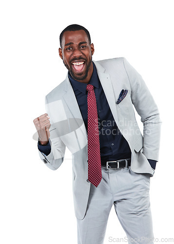 Image of Portrait, excited or businessman with success fist on isolated white background for promotion growth or victory. Smile, happy or corporate worker with winner hands gesture, wow face or yes on mock up