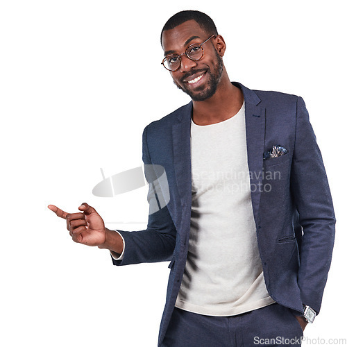 Image of Black businessman, portrait or pointing finger on isolated white background, marketing space or advertising mockup. Smile, happy or creative designer and hand gesture for branding sales deal or promo