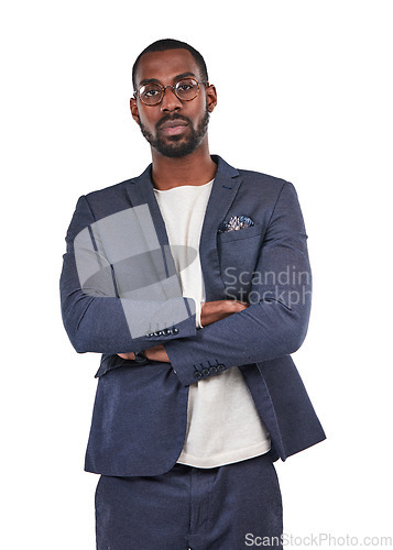 Image of Businessman, portrait or arms crossed with vision glasses, ideas or innovation on isolated white background. Creative designer, worker or employee with fashion suit on marketing or advertising mockup