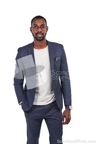 Image of Black businessman, portrait or fashion suit on isolated white background in smart casual, cool or trendy clothes. Creative designer, worker or formal employee with vision glasses, goals or innovation