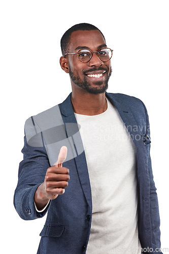 Image of Businessman, portrait or thumbs up in success, vote mockup or mission goals on isolated white background. Smile, happy or creative designer in like, thank you or winner hands gesture or support trust