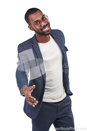 Image of Businessman, portrait or handshake on isolated white background in trust deal, welcome or hello. Smile, happy or creative designer in shaking hands gesture for thank you, partnership or collaboration