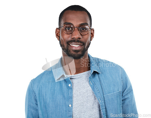 Image of Young black man, face and success smile ready isolated in white background studio for casual happiness. African man, happy lifestyle and positive mindset energy, confidence and proud model portrait