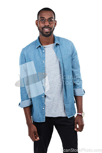 Image of Young black man, smile portrait and standing ready isolated in white background for casual happiness. African man, happy lifestyle and positive mindset or happiness energy, confidence and success