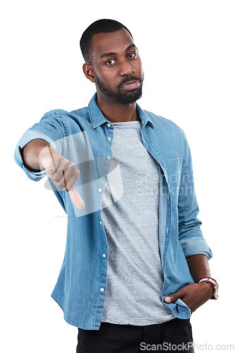 Image of Thumbs down, fail and portrait of black man in studio isolated on white background. Dislike hand gesture, emoji and sad male model with sign for disagreement, rejection or negative review, bad or no