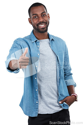 Image of Thumbs up, success and portrait of black man in studio isolated on a white background. Ok hand gesture, like emoji and male model with sign for motivation, support or approval, thank you or agreement