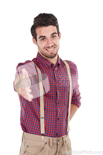 Image of Handshake, welcome and introduction portrait of businessman with friendly and happy smile. Young, gen z and happiness of worker with career satisfaction on isolated studio white background.