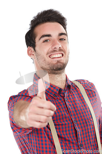 Image of Winner, businessman and goal with thumbs up portrait for happiness, achievement and victory with smile. Young, gen z and happy worker with career success on isolated studio white background.
