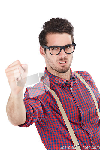 Image of Angry nerd and man with fist portrait for conflict, bullying or warning gesture for frustration. Fight, frustrated and anger of geek model with negative face on isolated white background.