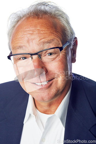 Image of Senior businessman, studio portrait and smile for success, experience or knowledge by white background. Elderly corporate leader, ceo and isolated for motivation, goals or happy headshot with glasses